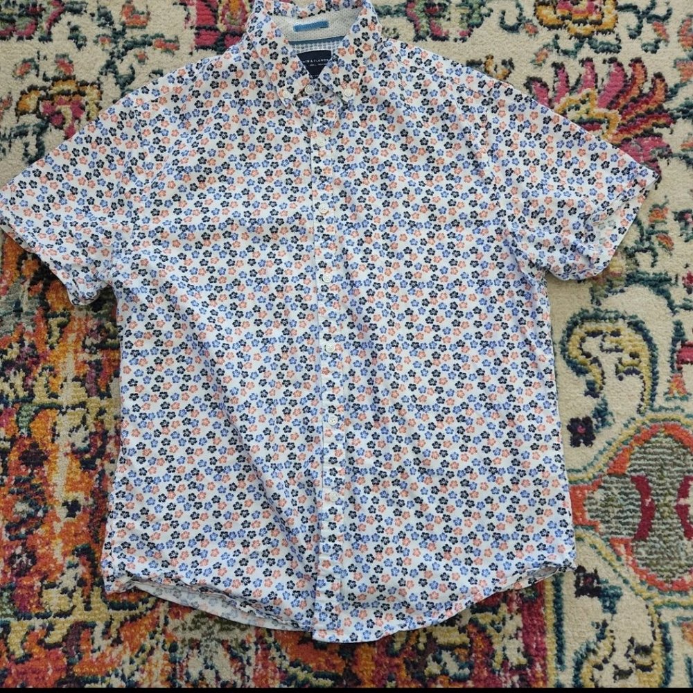 Denim Flower Cotton Button Down Short Sleeve Floral Slim Fit Shirt Size Large